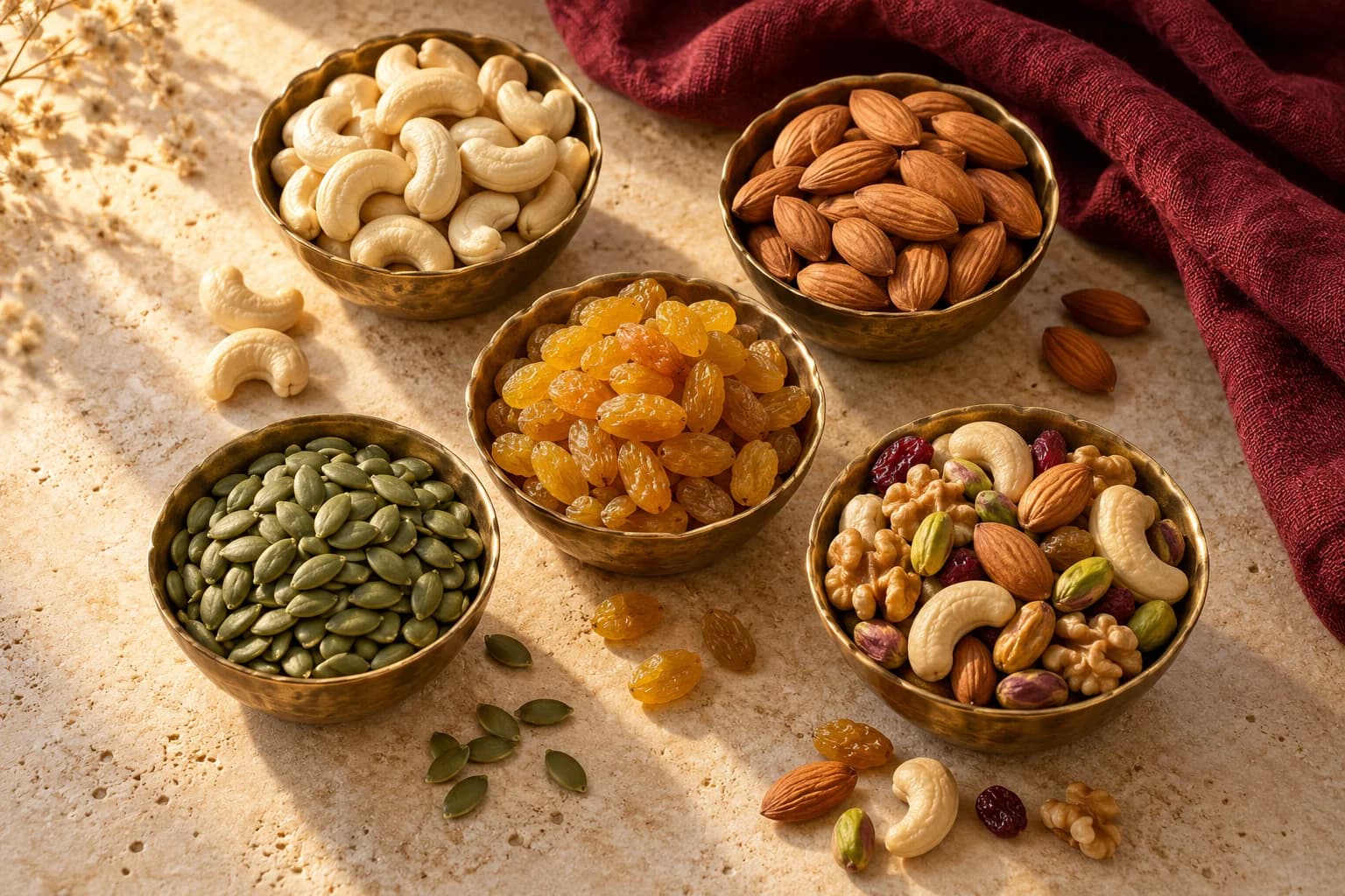 Illustrative arrangement of nuts, dry fruits and seeds